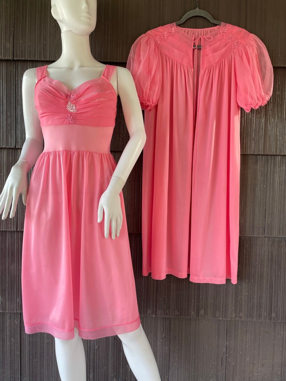Vintage 70s 2 Pc Pink Slip Gown & Robe Puff Sleeve Peignoir Coquette Barbiecore